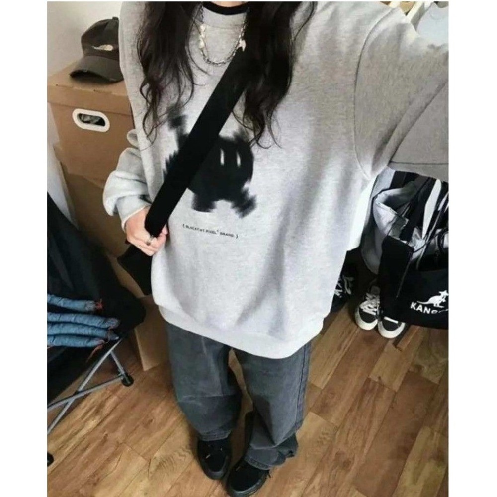 BLACNCAY RDN DRAVE Heather Gray Abstract Cat Graphic Crewneck Sweatshirt